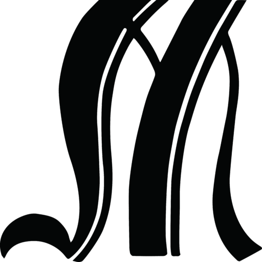 Black ornate letter "M" design.