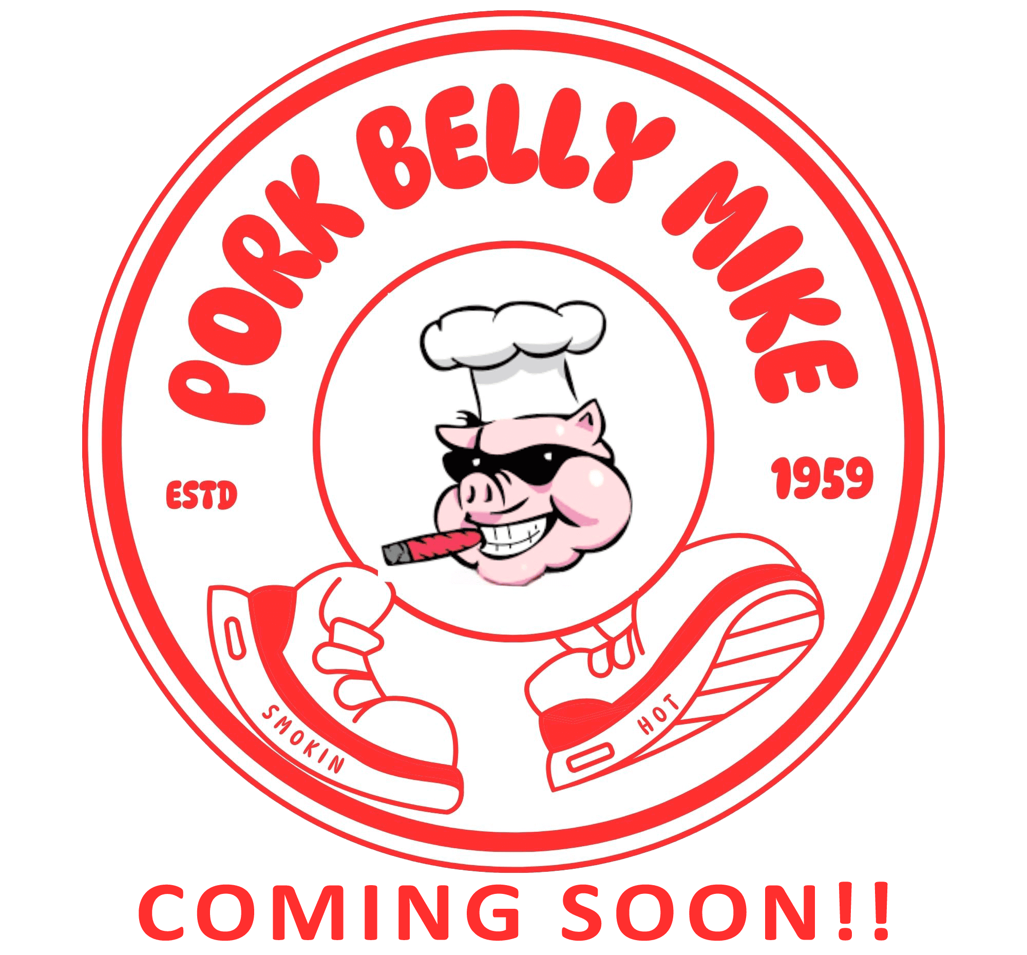 Pig chef logo with sneakers, "Coming Soon!